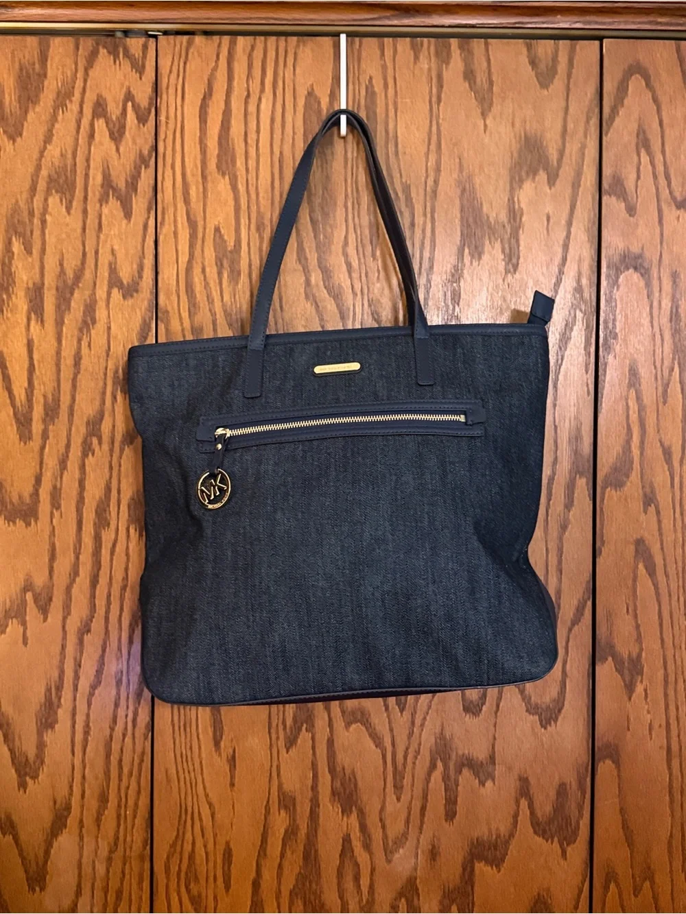 Michael Kors Denim Tote Bag Navy Blue Large Zip Top Laptop Shoulder Bag - Picture 10 of 10